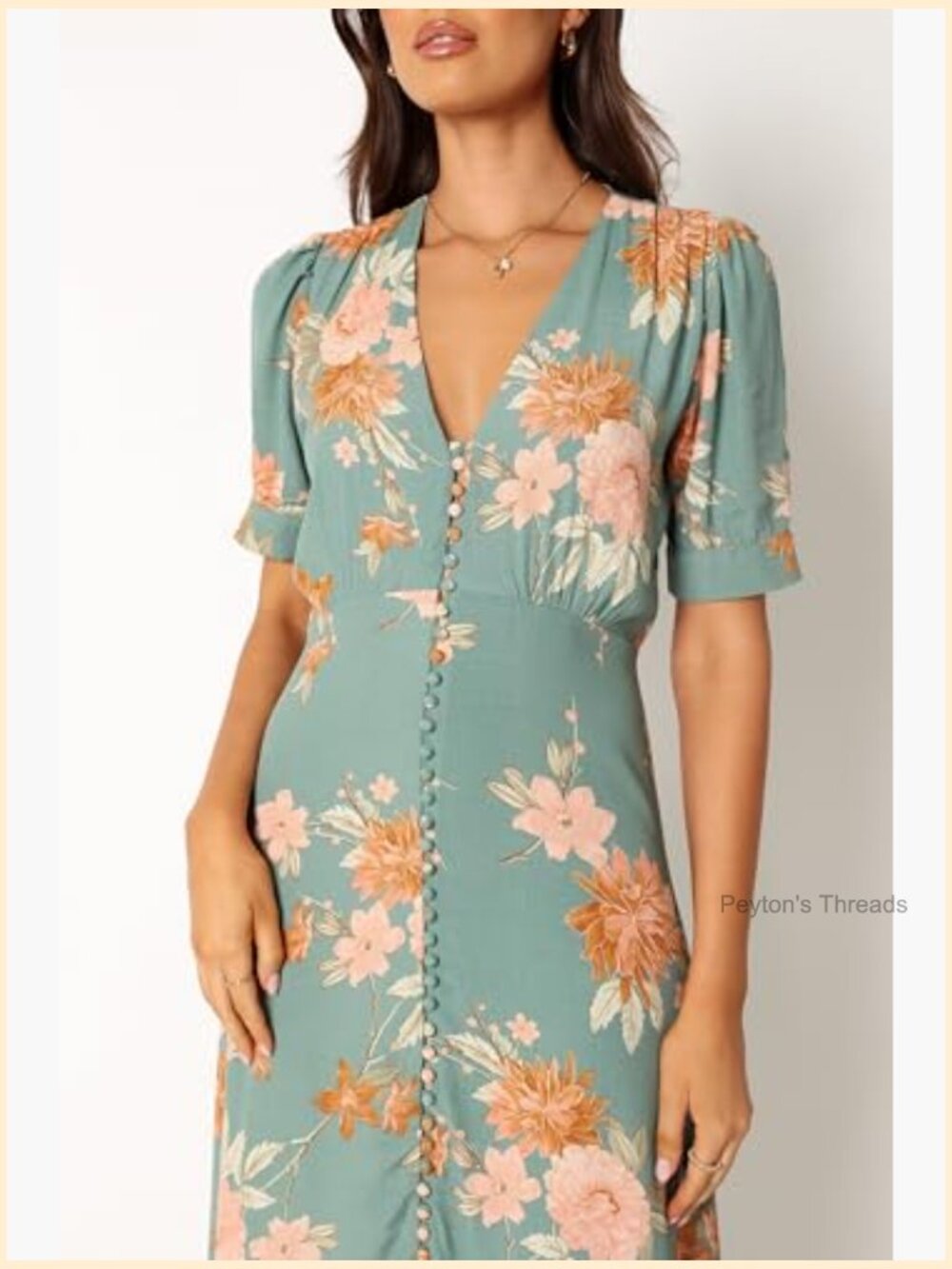 Midi A-Line Dress with V-Neck, Short Sleeves, Front Buttons, Side Split - Picture 7 of 7